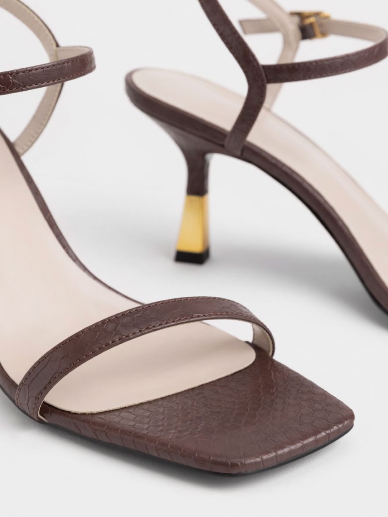 σανδαλια με τακουνι Charles And Keith Snake-Print Ankle-λουρακια καφε | 04932-GDWJ