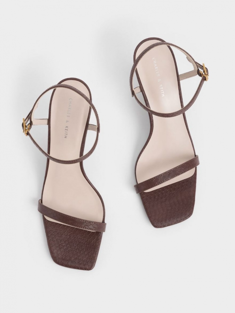 σανδαλια με τακουνι Charles And Keith Snake-Print Ankle-λουρακια καφε | 04932-GDWJ