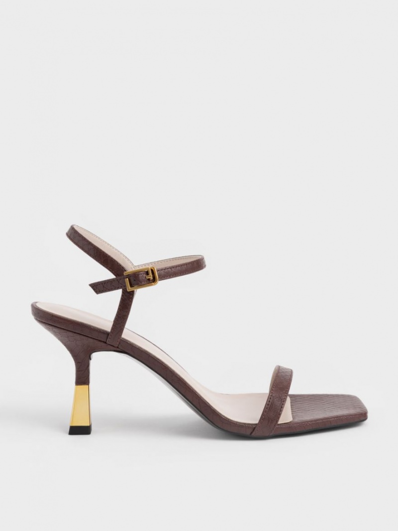 σανδαλια με τακουνι Charles And Keith Snake-Print Ankle-λουρακια καφε | 04932-GDWJ