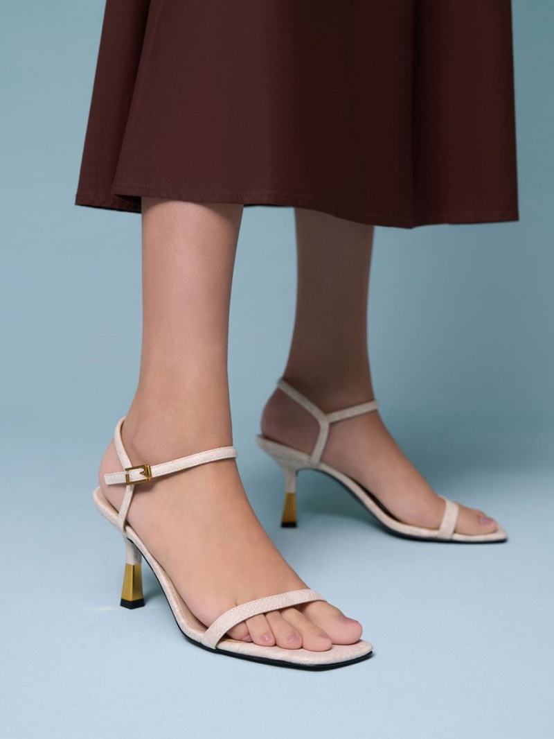 σανδαλια με τακουνι Charles And Keith Snake-Print Ankle-λουρακια ασπρα | 71829-TNRV