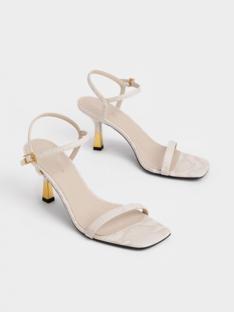σανδαλια με τακουνι Charles And Keith Snake-Print Ankle-λουρακια ασπρα | 71829-TNRV