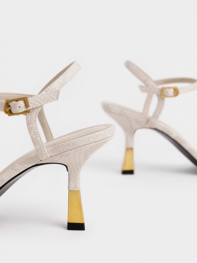 σανδαλια με τακουνι Charles And Keith Snake-Print Ankle-λουρακια ασπρα | 71829-TNRV