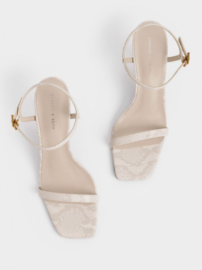 σανδαλια με τακουνι Charles And Keith Snake-Print Ankle-λουρακια ασπρα | 71829-TNRV
