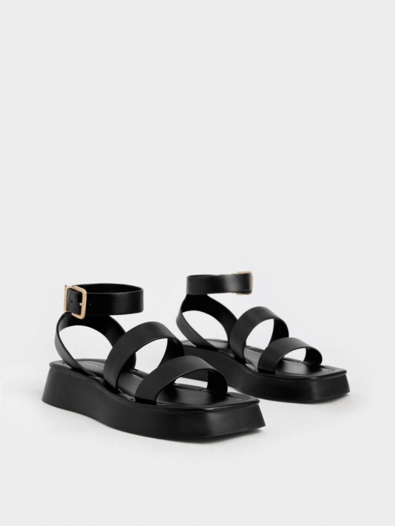 Σανδάλια Με Λουριά Charles And Keith Square toe Ankle μαυρα | 30418-FPNZ