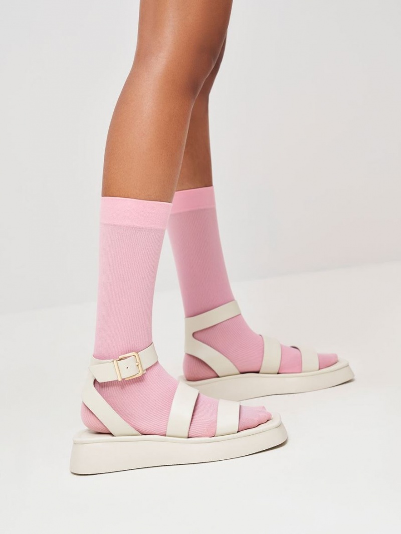 Σανδάλια Με Λουριά Charles And Keith Square toe Ankle ασπρα | 36904-BGZT
