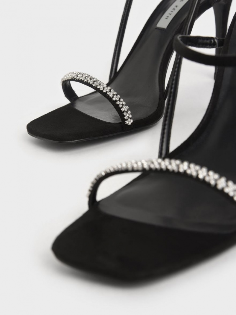 Σανδάλια Με Λουριά Charles And Keith Textured Gem-Embellished μαυρα | 82340-RAJF