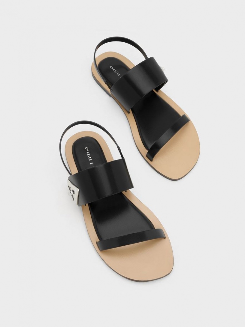 Σανδάλια Με Λουριά Charles And Keith Trice Metallic Accent Double μαυρα | 06719-GNFA