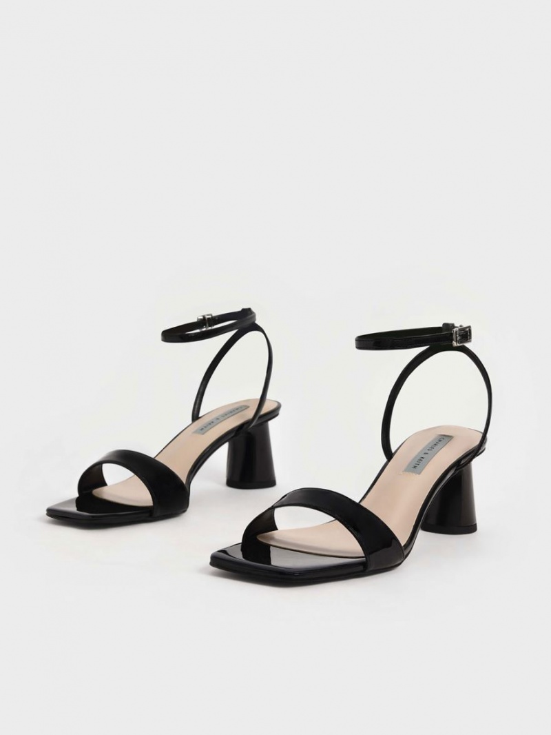 σανδαλια με τακουνι Charles And Keith λουστρινι Ankle-λουρακια Cylindrical μαυρα | 18306-MUPO