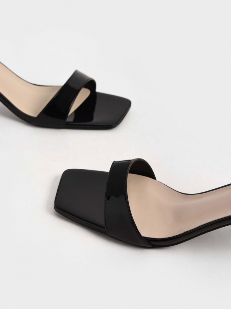 σανδαλια με τακουνι Charles And Keith λουστρινι Ankle-λουρακια Cylindrical μαυρα | 18306-MUPO