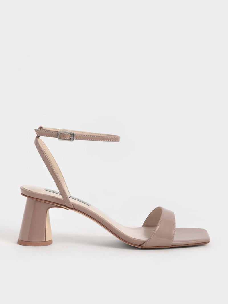 σανδαλια με τακουνι Charles And Keith λουστρινι Ankle-λουρακια Cylindrical Μπεζ | 21064-OUSL