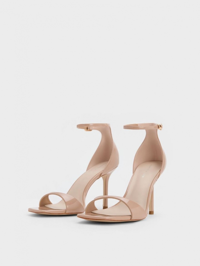 σανδαλια με τακουνι Charles And Keith λουστρινι Ankle λουρακια Μπεζ | 58370-MJDN