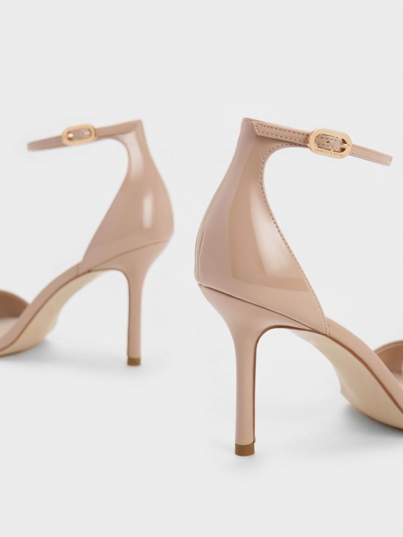 σανδαλια με τακουνι Charles And Keith λουστρινι Ankle λουρακια Μπεζ | 58370-MJDN