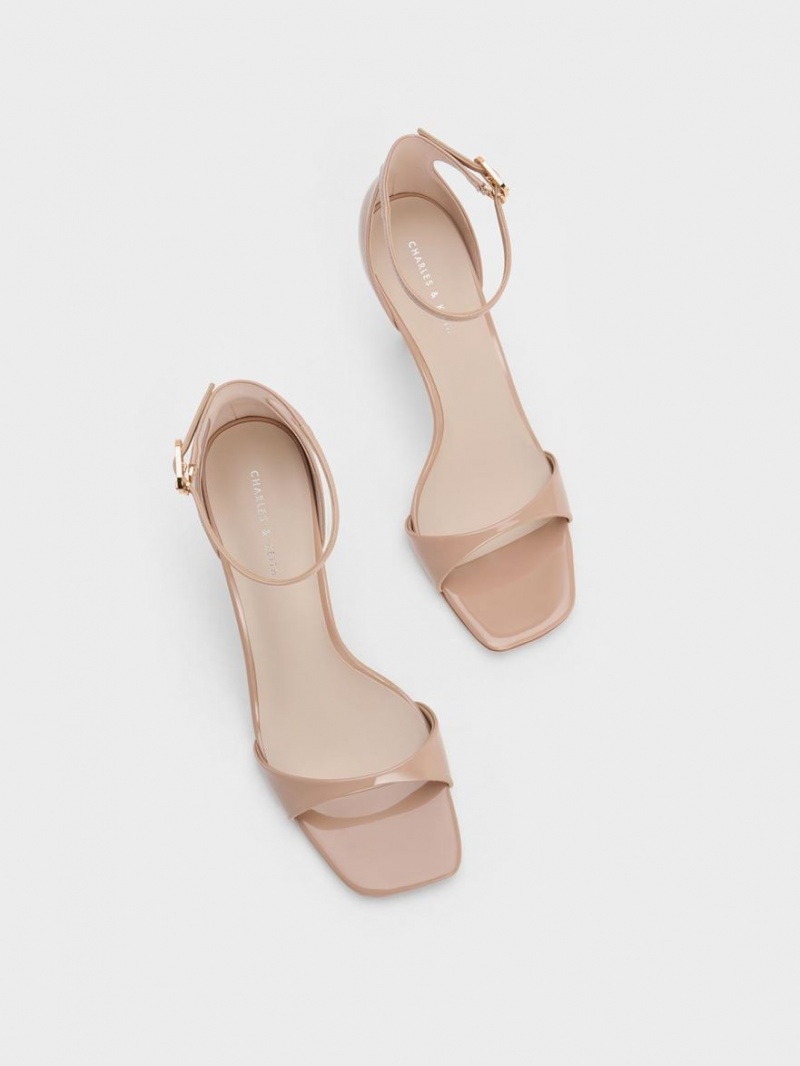 σανδαλια με τακουνι Charles And Keith λουστρινι Ankle λουρακια Μπεζ | 58370-MJDN