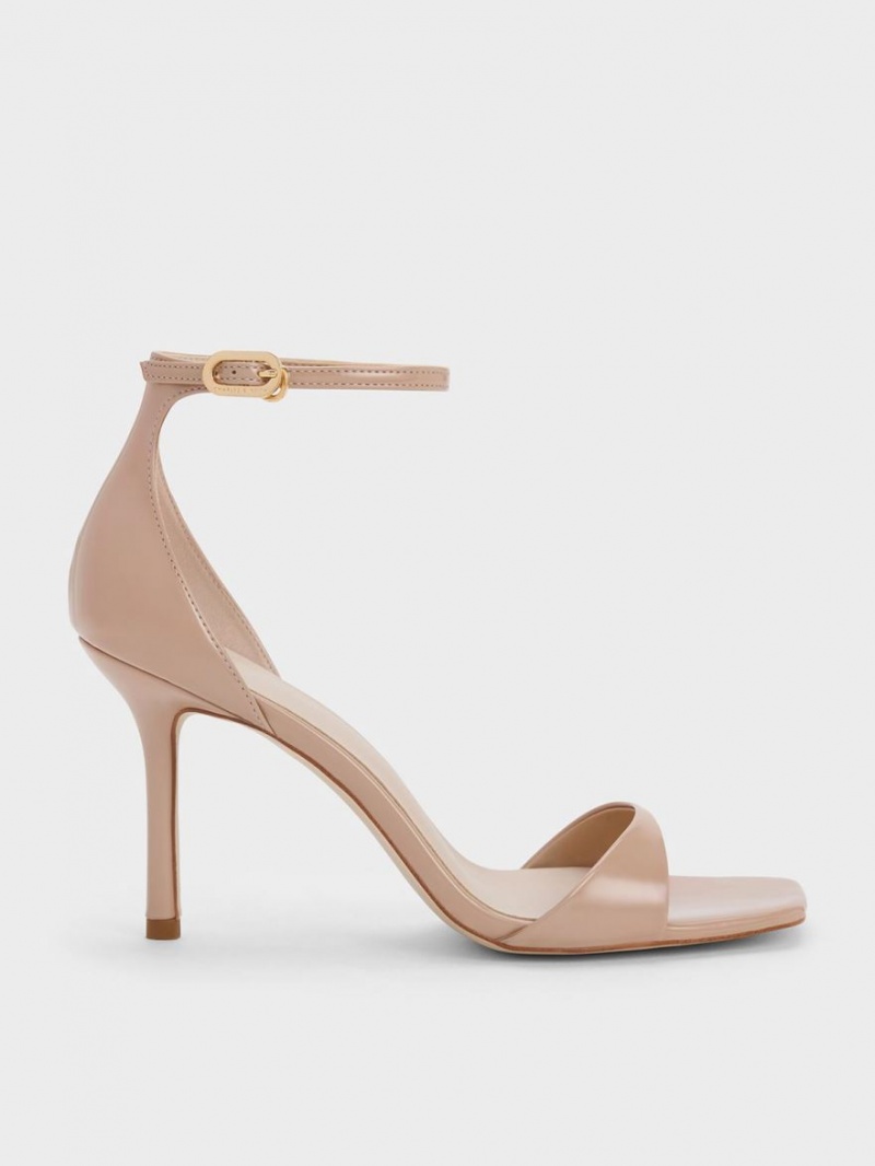 σανδαλια με τακουνι Charles And Keith λουστρινι Ankle λουρακια Μπεζ | 58370-MJDN