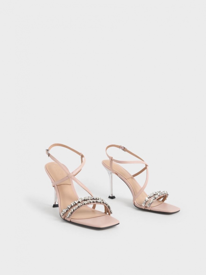 Σανδάλια Με Λουριά Charles And Keith δερματινα Gem-Embellished Μπεζ | 45396-TDBJ