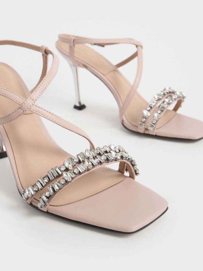 Σανδάλια Με Λουριά Charles And Keith δερματινα Gem-Embellished Μπεζ | 45396-TDBJ