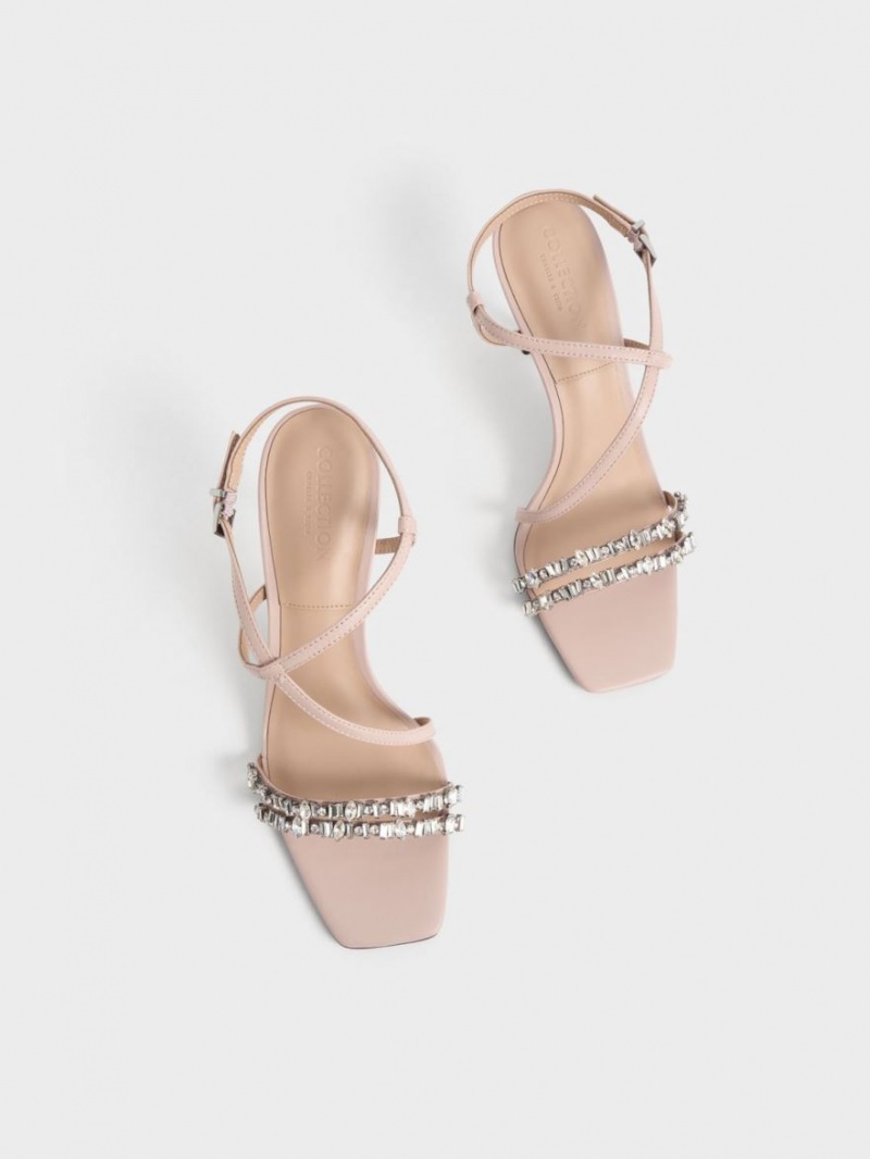 Σανδάλια Με Λουριά Charles And Keith δερματινα Gem-Embellished Μπεζ | 45396-TDBJ
