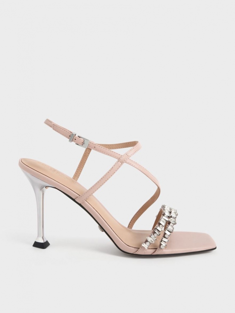 Σανδάλια Με Λουριά Charles And Keith δερματινα Gem-Embellished Μπεζ | 45396-TDBJ