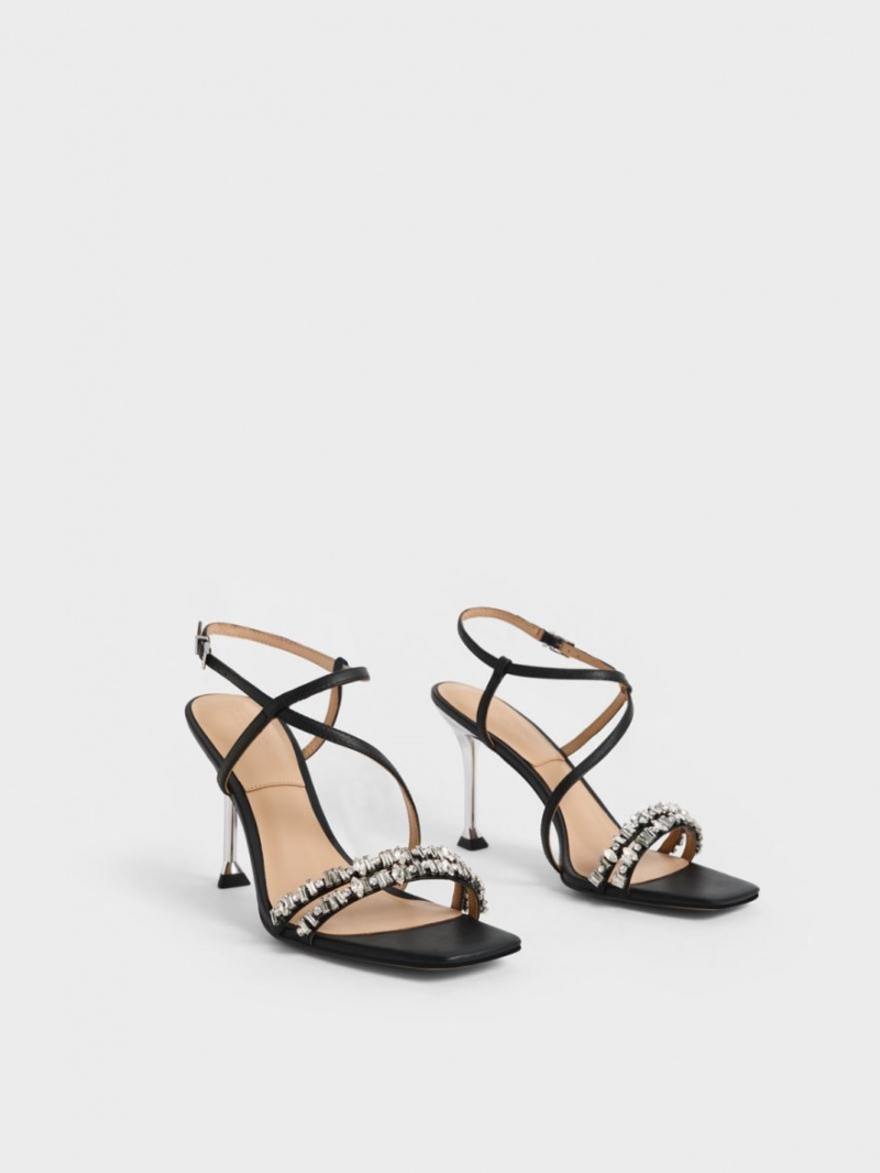 Σανδάλια Με Λουριά Charles And Keith δερματινα Gem-Embellished μαυρα | 94586-KDTE