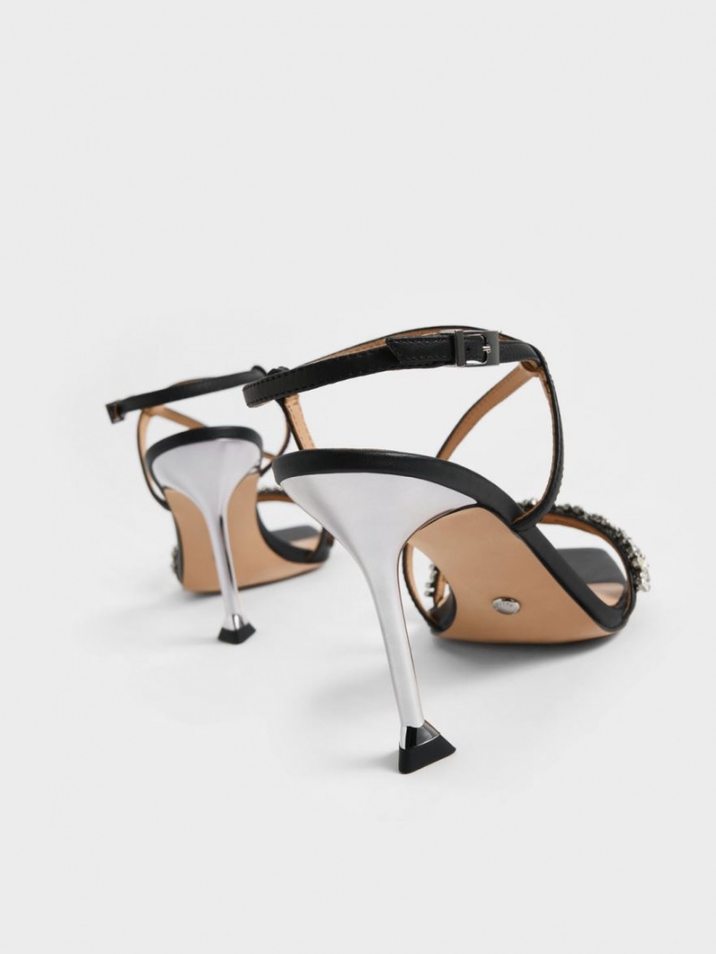 Σανδάλια Με Λουριά Charles And Keith δερματινα Gem-Embellished μαυρα | 94586-KDTE