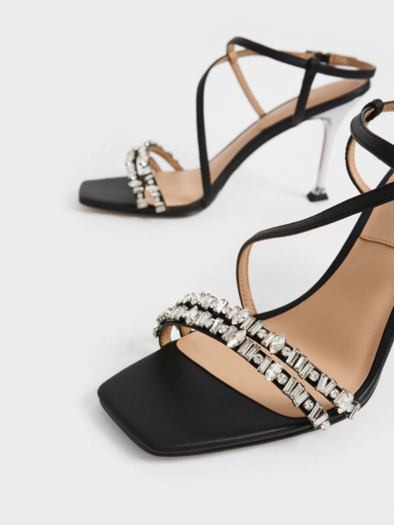 Σανδάλια Με Λουριά Charles And Keith δερματινα Gem-Embellished μαυρα | 94586-KDTE