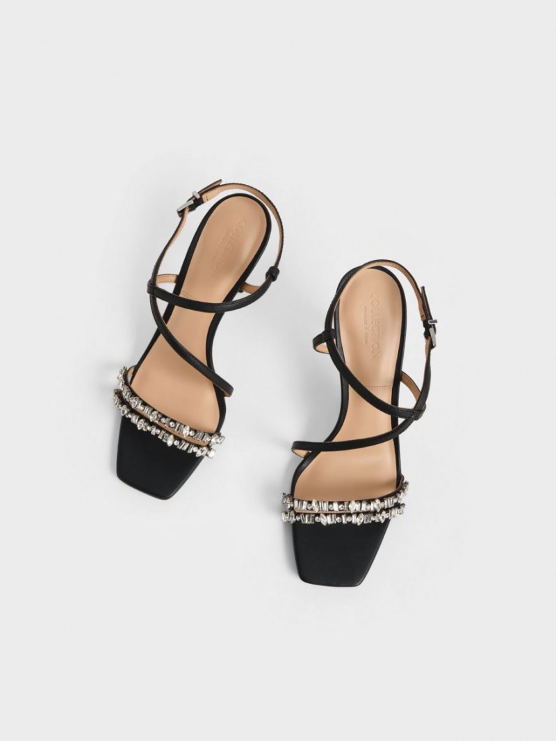 Σανδάλια Με Λουριά Charles And Keith δερματινα Gem-Embellished μαυρα | 94586-KDTE