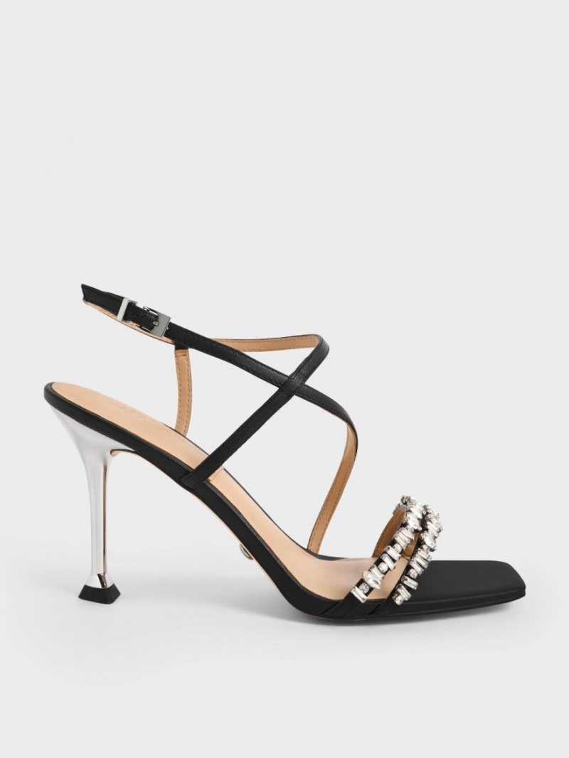 Σανδάλια Με Λουριά Charles And Keith δερματινα Gem-Embellished μαυρα | 94586-KDTE