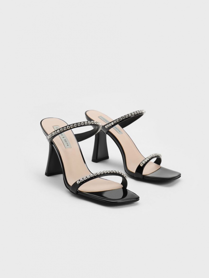 σανδαλια με τακουνι Charles And Keith λουστρινι Gem-Encrusted μαυρα | 25914-SFJB