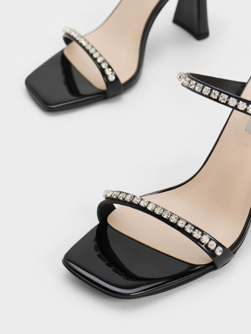 σανδαλια με τακουνι Charles And Keith λουστρινι Gem-Encrusted μαυρα | 25914-SFJB