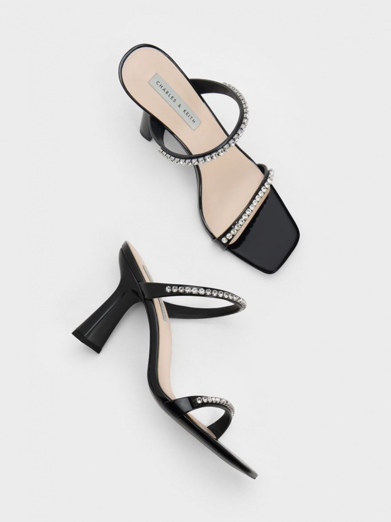 σανδαλια με τακουνι Charles And Keith λουστρινι Gem-Encrusted μαυρα | 25914-SFJB