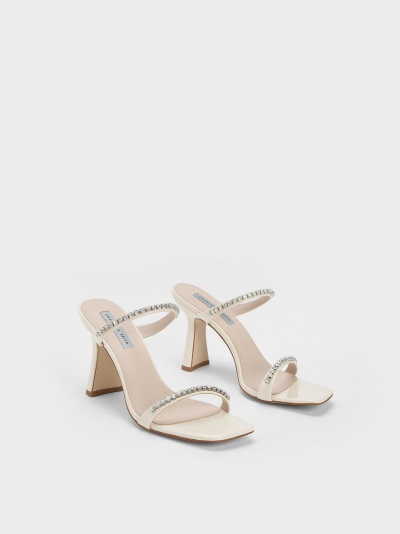 σανδαλια με τακουνι Charles And Keith λουστρινι Gem-Encrusted ασπρα | 65042-IMWQ
