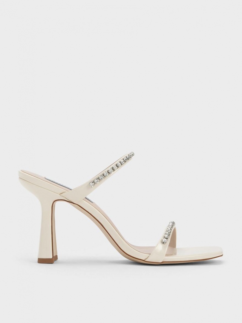 σανδαλια με τακουνι Charles And Keith λουστρινι Gem-Encrusted ασπρα | 65042-IMWQ