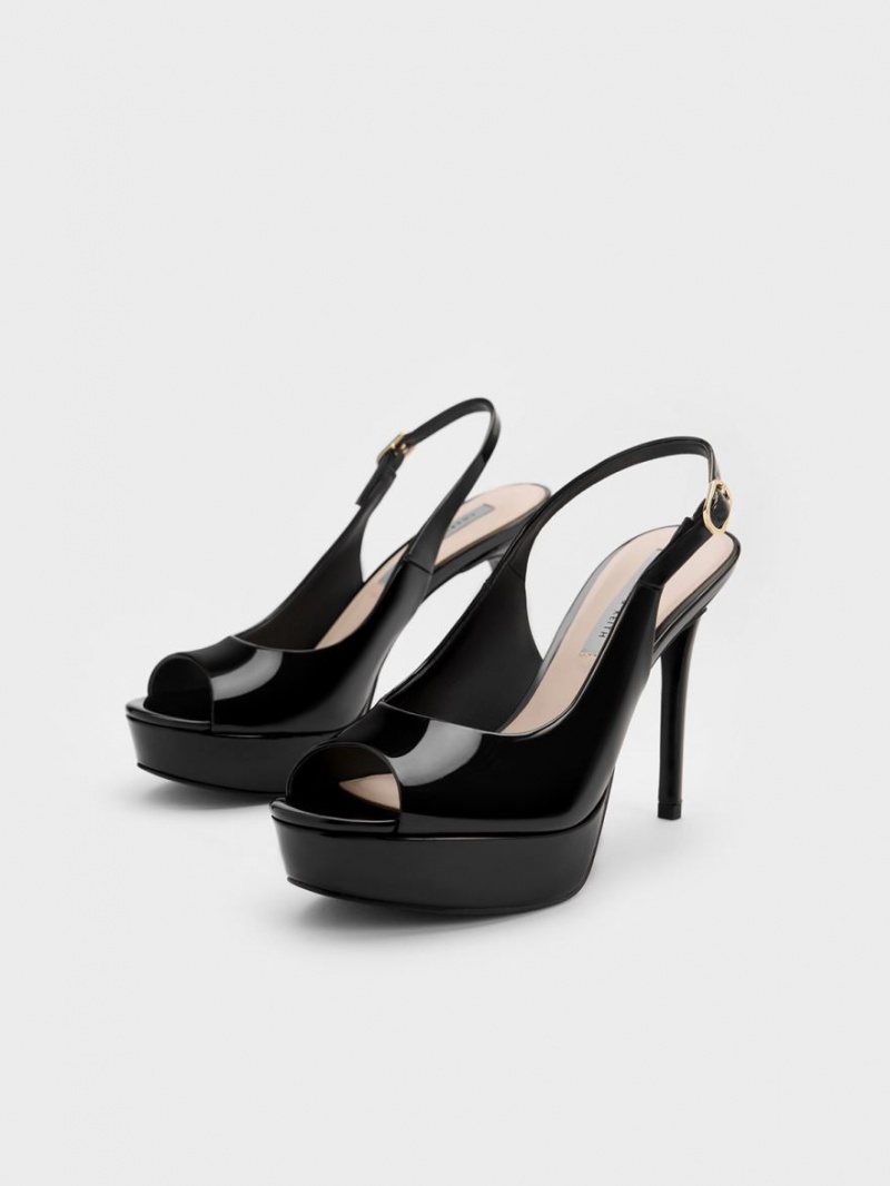σανδαλια με τακουνι Charles And Keith λουστρινι flatforms Slingback μαυρα | 81762-ZGWV