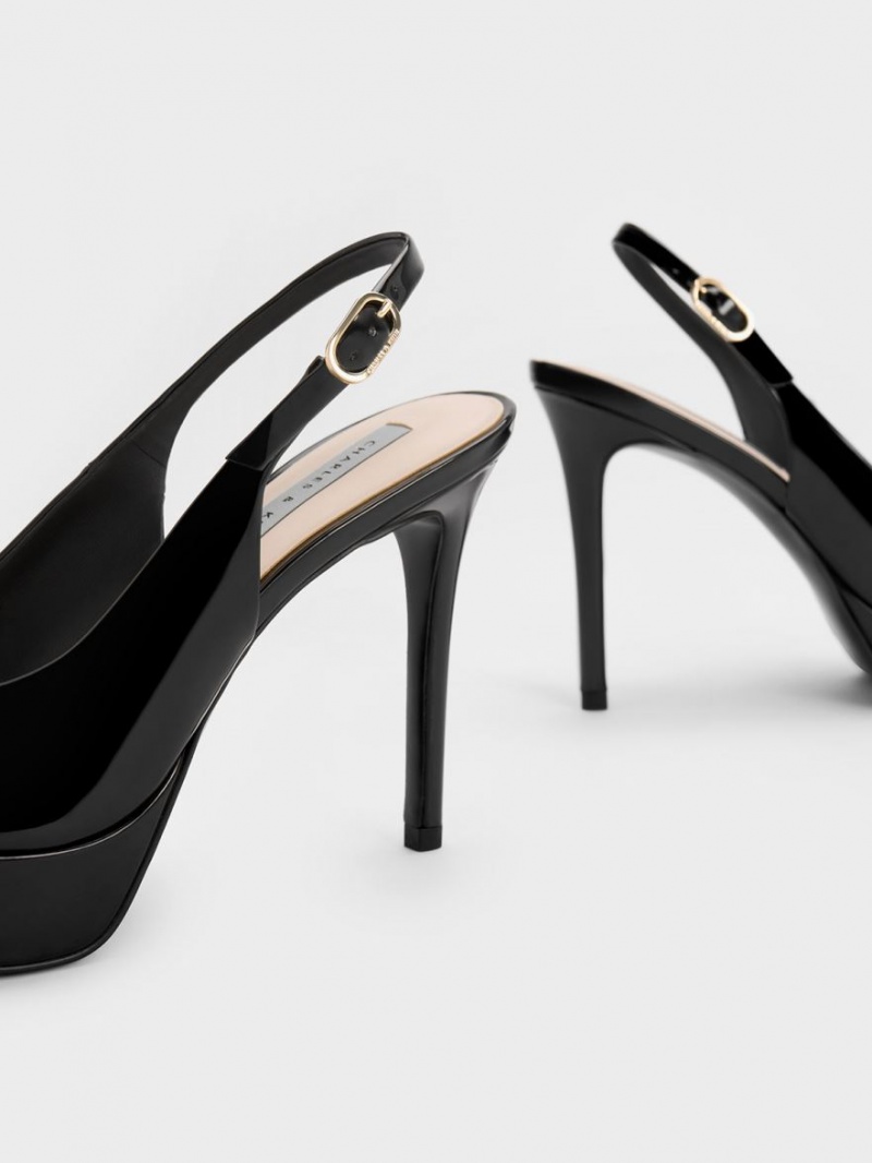 σανδαλια με τακουνι Charles And Keith λουστρινι flatforms Slingback μαυρα | 81762-ZGWV