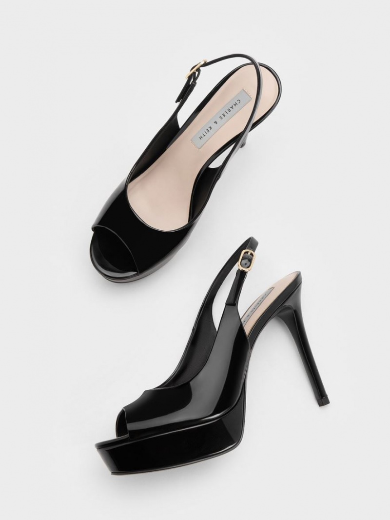 σανδαλια με τακουνι Charles And Keith λουστρινι flatforms Slingback μαυρα | 81762-ZGWV