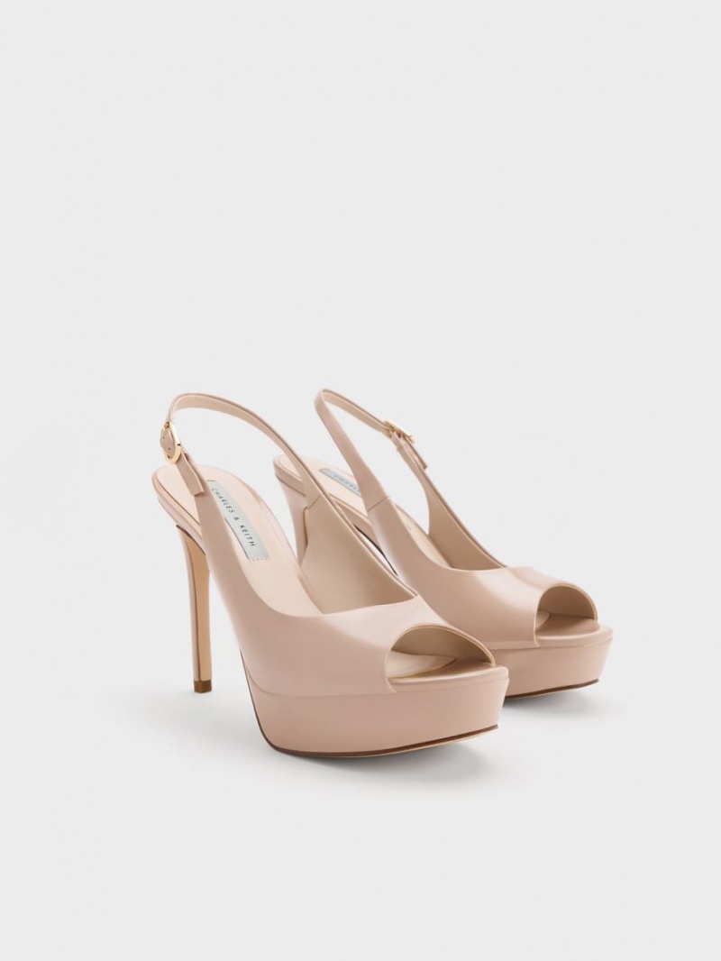 σανδαλια με τακουνι Charles And Keith λουστρινι flatforms Slingback Μπεζ | 31795-VUSG