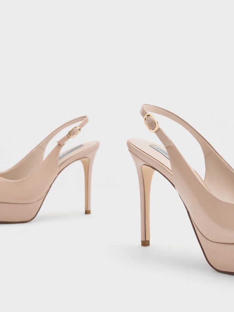 σανδαλια με τακουνι Charles And Keith λουστρινι flatforms Slingback Μπεζ | 31795-VUSG