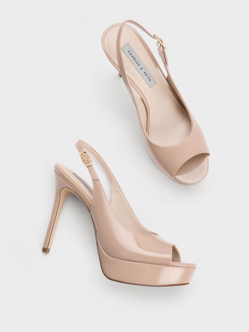 σανδαλια με τακουνι Charles And Keith λουστρινι flatforms Slingback Μπεζ | 31795-VUSG