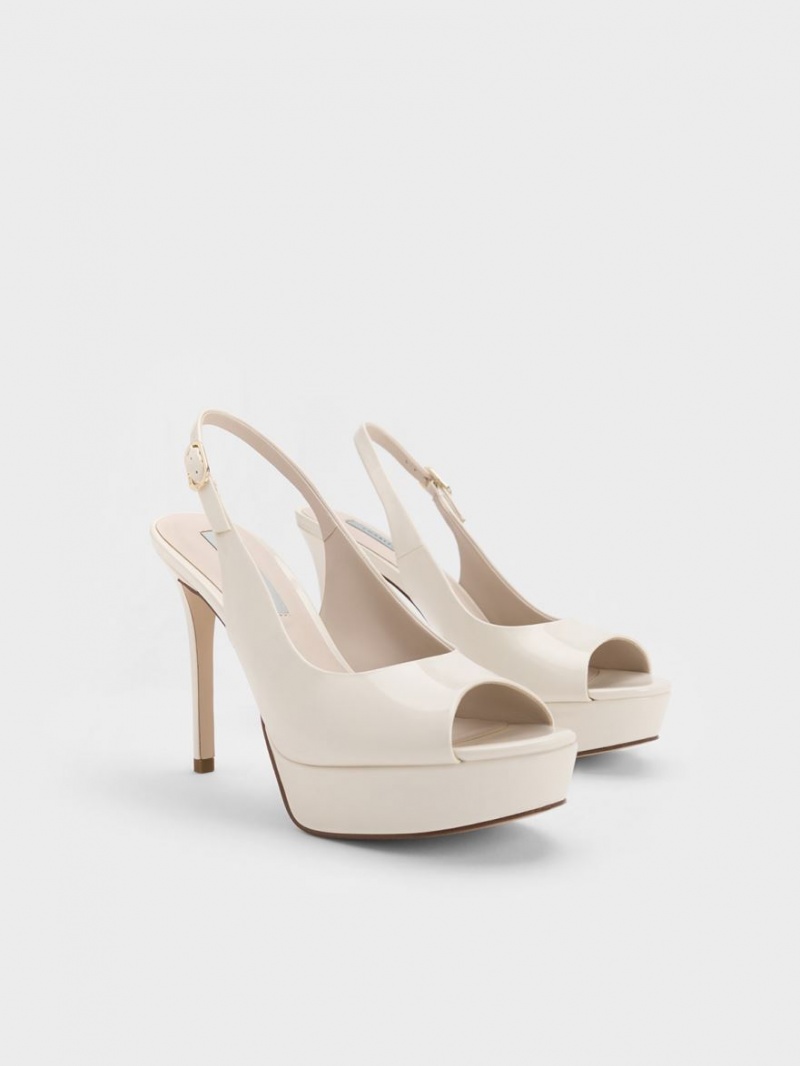 σανδαλια με τακουνι Charles And Keith λουστρινι flatforms Slingback ασπρα | 96807-IKXE