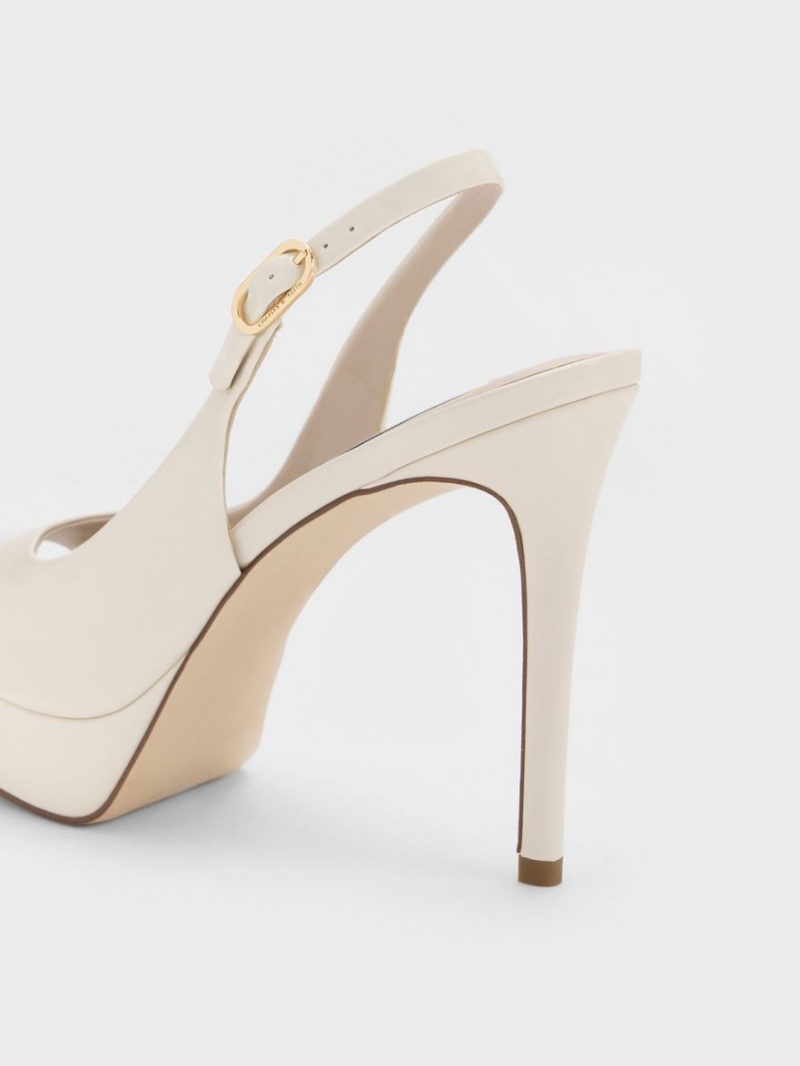 σανδαλια με τακουνι Charles And Keith λουστρινι flatforms Slingback ασπρα | 96807-IKXE