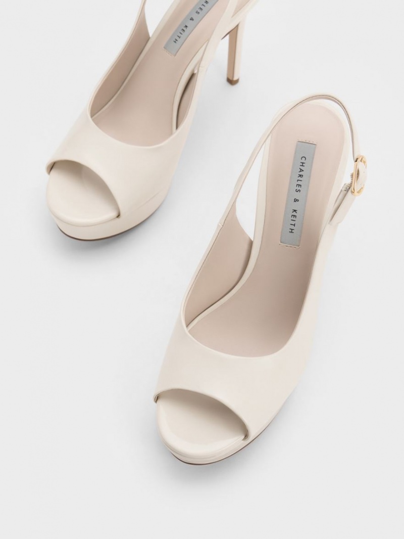 σανδαλια με τακουνι Charles And Keith λουστρινι flatforms Slingback ασπρα | 96807-IKXE