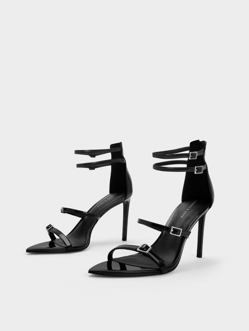 σανδαλια με τακουνι Charles And Keith λουστρινι strappy μαυρα | 42596-QUHB