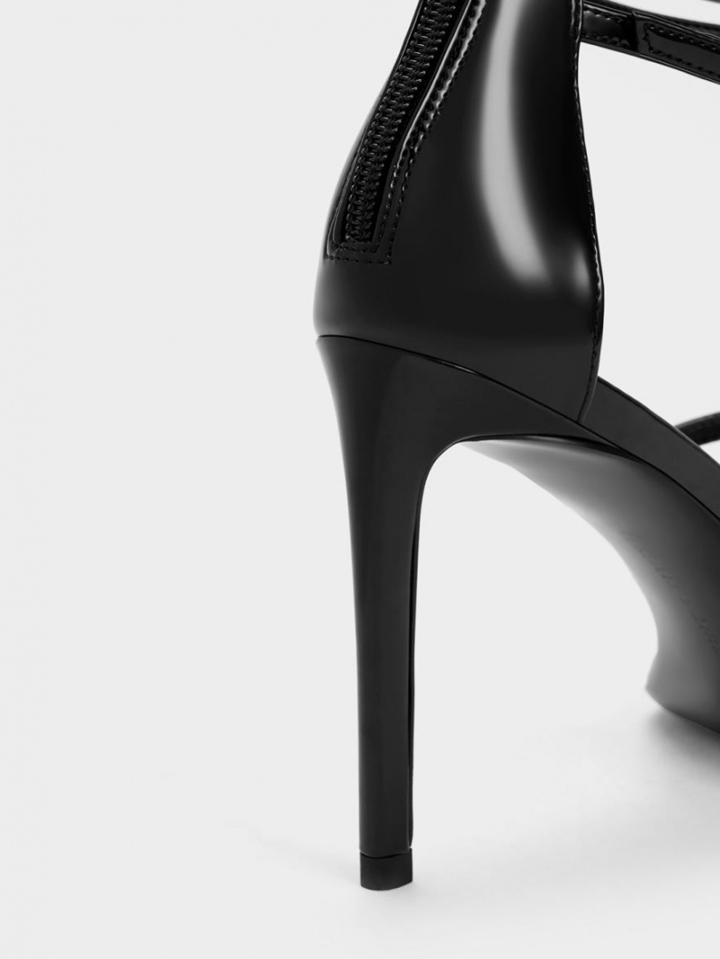 σανδαλια με τακουνι Charles And Keith λουστρινι strappy μαυρα | 42596-QUHB