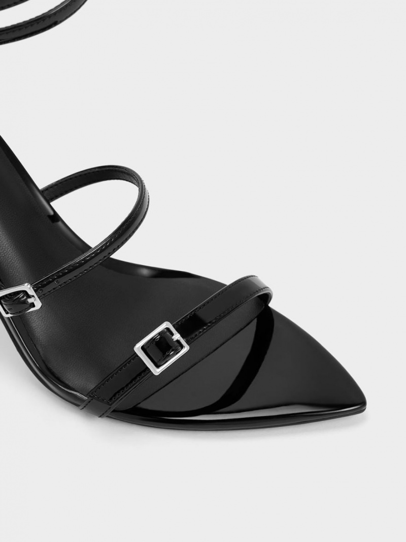 σανδαλια με τακουνι Charles And Keith λουστρινι strappy μαυρα | 42596-QUHB