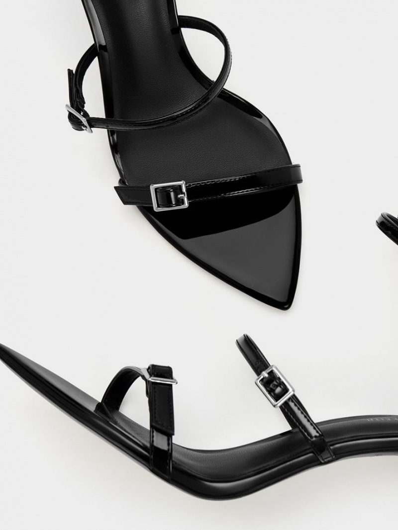 σανδαλια με τακουνι Charles And Keith λουστρινι strappy μαυρα | 42596-QUHB