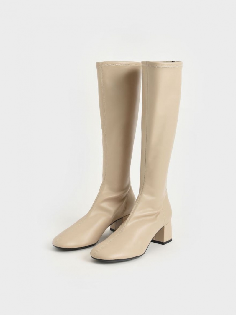 μποτεσ μεχρι το γονατο Charles And Keith Block Heel Μπεζ | 09517-HQPG