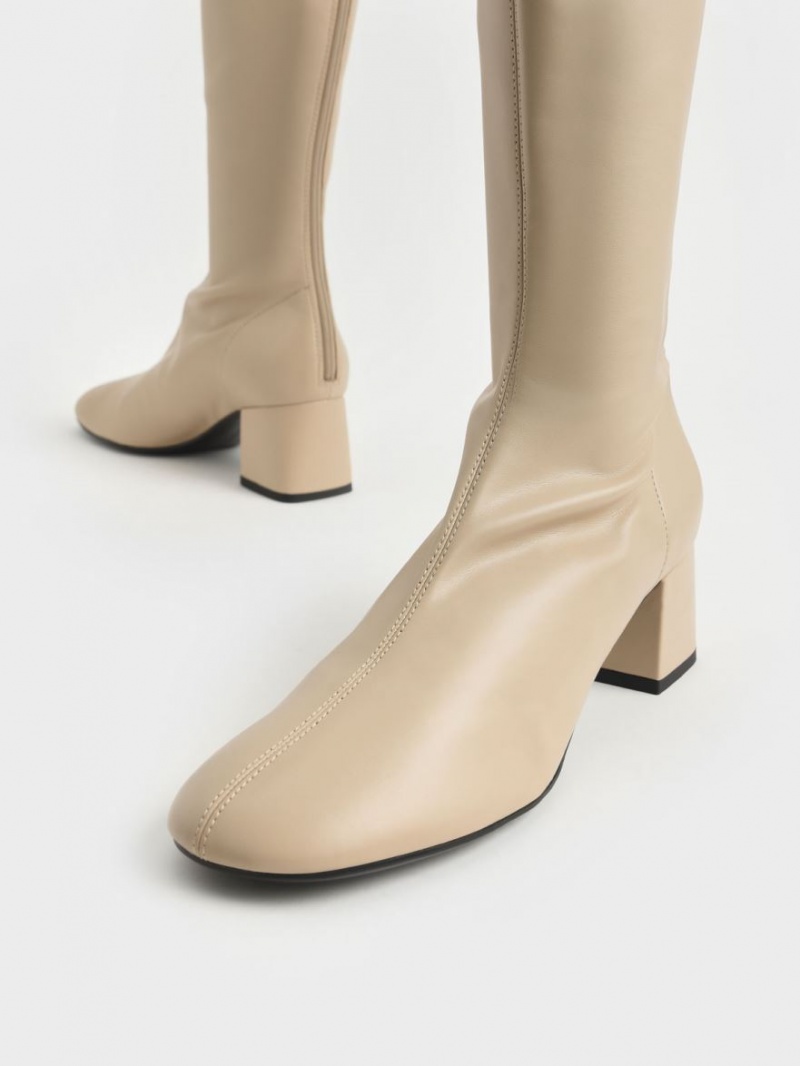 μποτεσ μεχρι το γονατο Charles And Keith Block Heel Μπεζ | 09517-HQPG