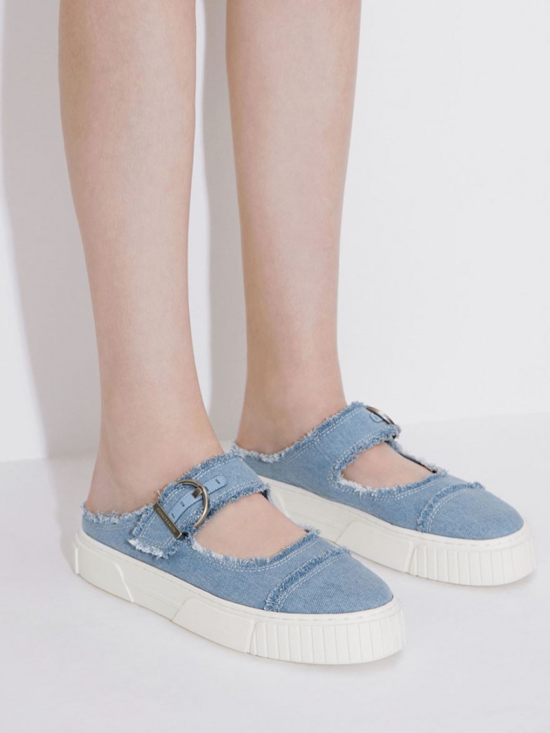 Αθλητικα Παπουτσια χωρισ Κορδονια Charles And Keith Denim Buckled ανοιχτο μπλε | 87201-EAOT