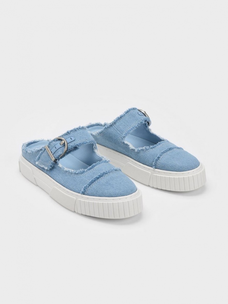 Αθλητικα Παπουτσια χωρισ Κορδονια Charles And Keith Denim Buckled ανοιχτο μπλε | 87201-EAOT