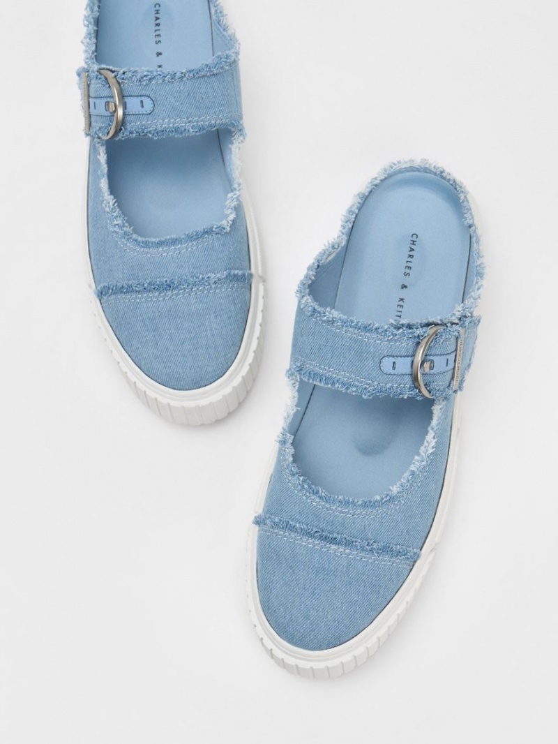 Αθλητικα Παπουτσια χωρισ Κορδονια Charles And Keith Denim Buckled ανοιχτο μπλε | 87201-EAOT